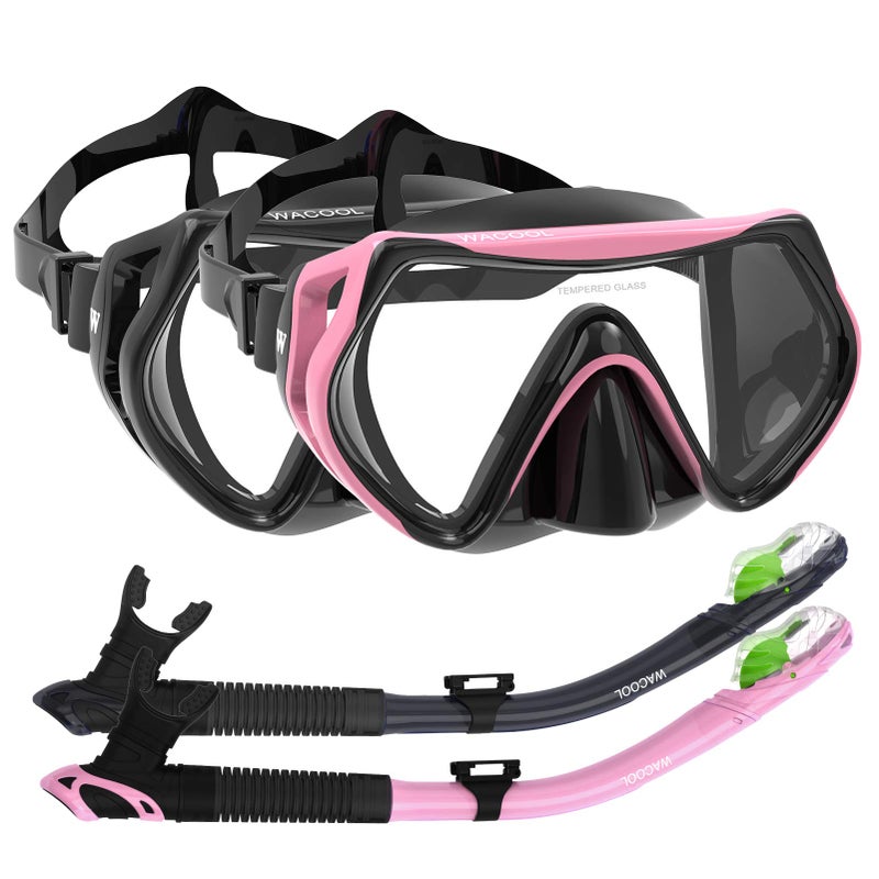 WACOOL Professional Snorkeling Snorkel Diving Scuba Package Set with Anti-Fog Coated Glass Purge Valve and Anti-Splash Silicon Mouth Piece for Men Women (Adults,Black+Pink) - Image 1